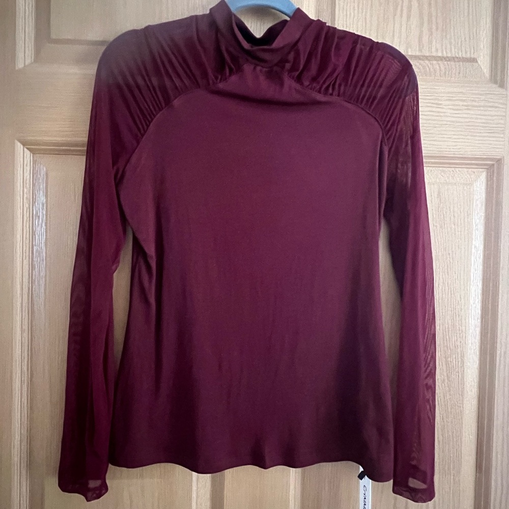 Stunning NWT Burgundy Sheer Sleeve Fitted Top Sz Lg